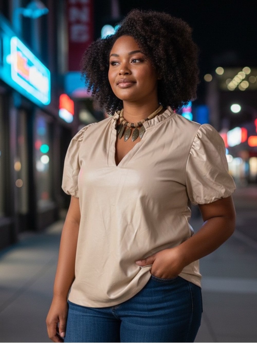 Tula Light Cream Puff-Sleeve Split-Neck Top